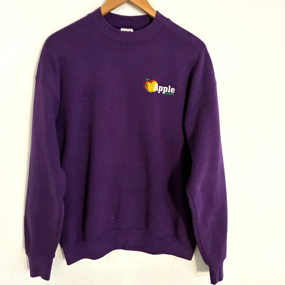 Vintage Apple Markets USA Made Sweatshirt L Purple Grocery Embroidered FOTL